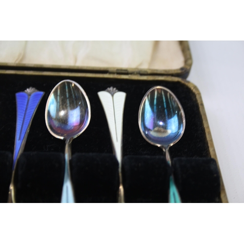 299 - 6 x Vintage DAVID ANDERSON .925 Sterling Silver Guilloche Enamel Spoons (52g)