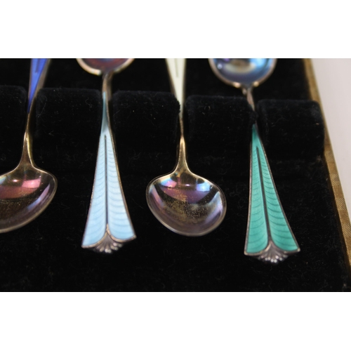 299 - 6 x Vintage DAVID ANDERSON .925 Sterling Silver Guilloche Enamel Spoons (52g)