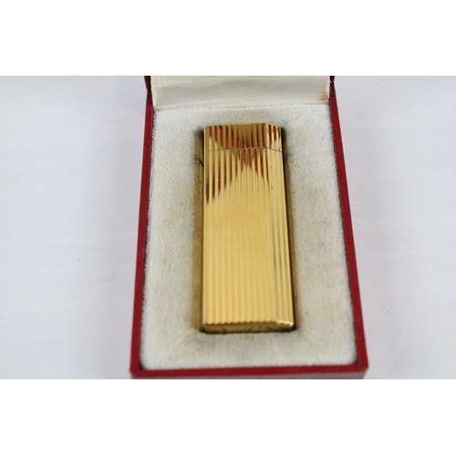 308 - Vintage Cartier Cigarette Lighter Inc Gold Plated Ribbed Boxed Working x 1