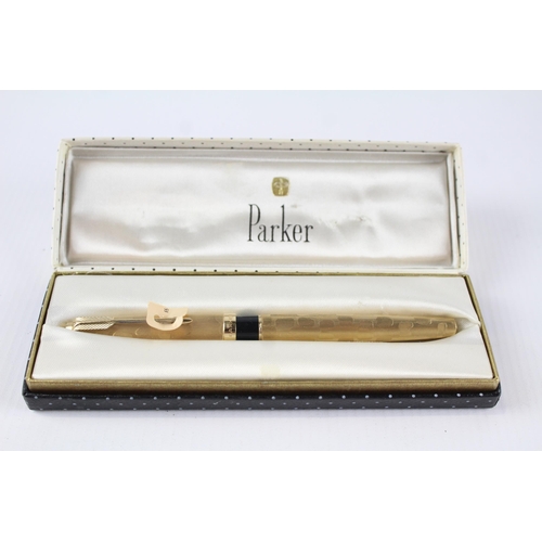 355 - Vintage PARKER 65 Rolled Gold Cased Fountain Pen w/ 14ct Gold Nib WRITING Boxed