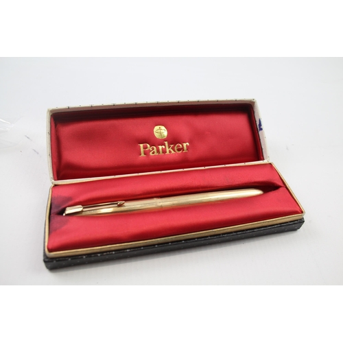 357 - Vintage PARKER 51 Rolled Gold Cased Fountain Pen w/ 14ct Gold Nib WRITING Boxed