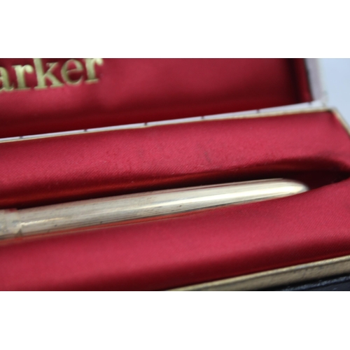 357 - Vintage PARKER 51 Rolled Gold Cased Fountain Pen w/ 14ct Gold Nib WRITING Boxed