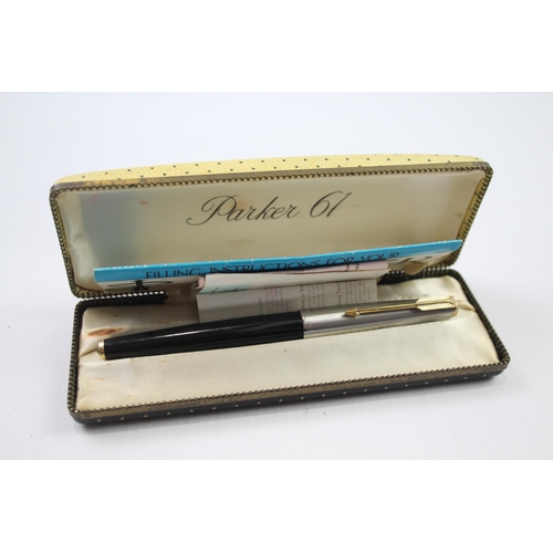 368 - Vintage PARKER 61 Black Fountain Pen w/ 14ct Gold Nib, Brushed Steel Cap WRITING