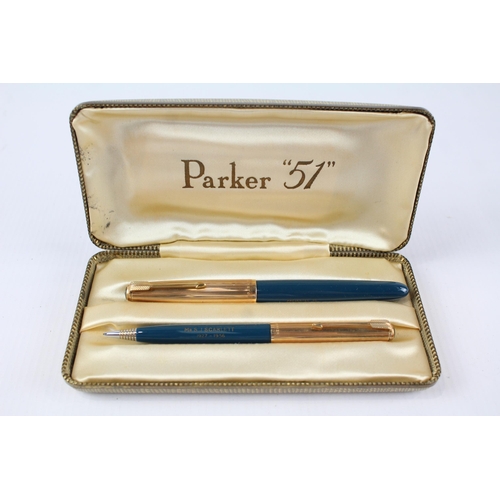 370 - Vintage PARKER 51 Teal Fountain Pen w/ Rolled Gold Cap, Pencil, Original Box Etc