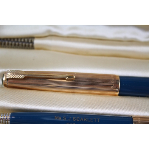 370 - Vintage PARKER 51 Teal Fountain Pen w/ Rolled Gold Cap, Pencil, Original Box Etc