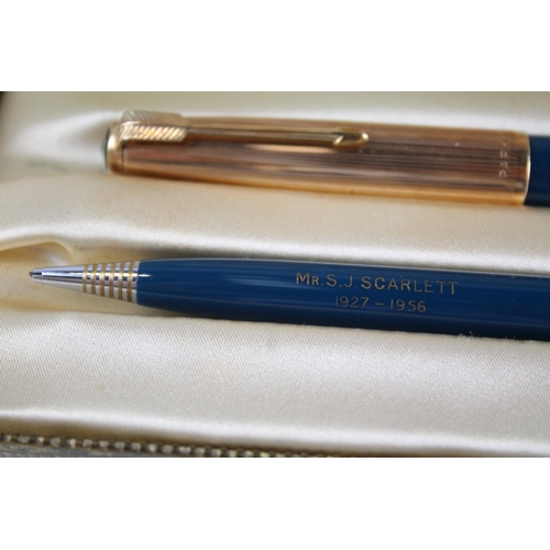 370 - Vintage PARKER 51 Teal Fountain Pen w/ Rolled Gold Cap, Pencil, Original Box Etc