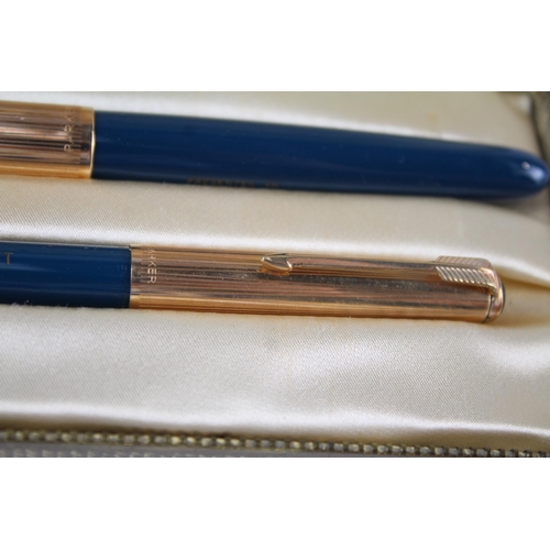 370 - Vintage PARKER 51 Teal Fountain Pen w/ Rolled Gold Cap, Pencil, Original Box Etc