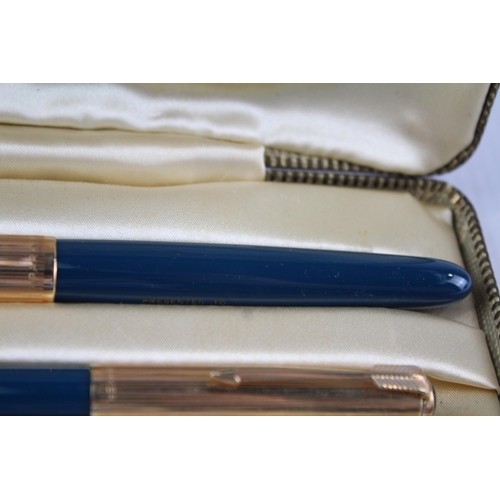 370 - Vintage PARKER 51 Teal Fountain Pen w/ Rolled Gold Cap, Pencil, Original Box Etc