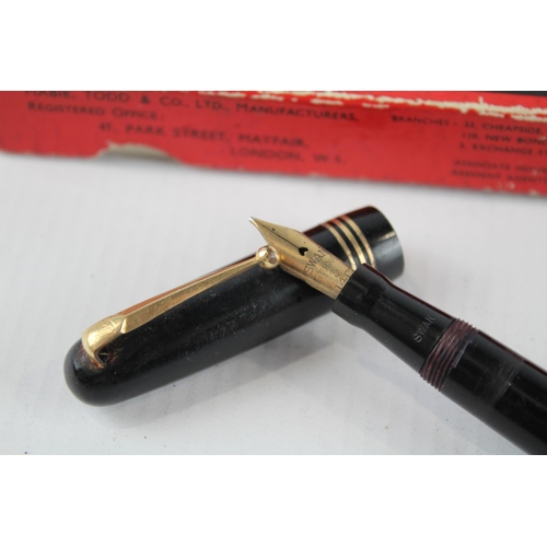 371 - Vintage MABIE TODD Swan Self Filler Black Fountain Pen w/ 14ct Gold Nib WRITING