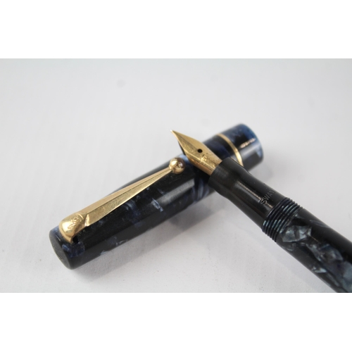 373 - Vintage MABIE TODD Swan Self Filler Navy FOUNTAIN PEN w/ 14ct Gold Nib WRITING