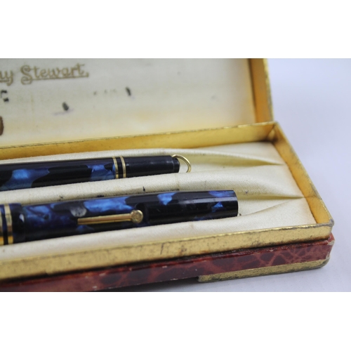 376 - Vintage CONWAY STEWART No.728 Dandy Navy Fountain Pen w/ Pencil, Original Box