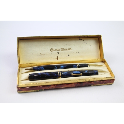 376 - Vintage CONWAY STEWART No.728 Dandy Navy Fountain Pen w/ Pencil, Original Box