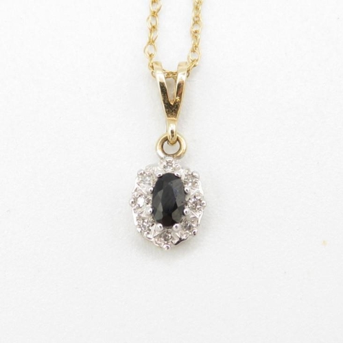 122 - 9ct gold sapphire & diamond cluster pendant & chain (1.5g)