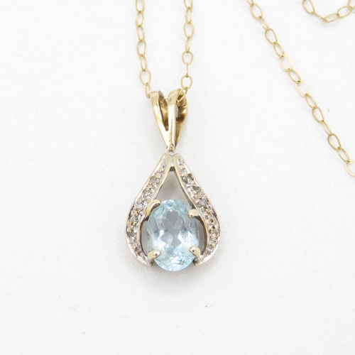 79 - 9ct gold blue topaz & diamond drop pendant & chain (1.4g)