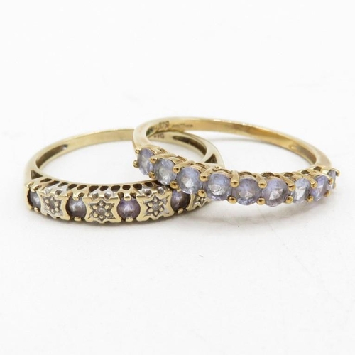 80 - 2x 9ct gold tanzanite & diamond half eternity rings (3g) Size  P + P