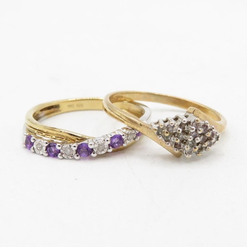 81 - 2x 9ct gold amethyst & diamond rings (3.3g) Size  K + L