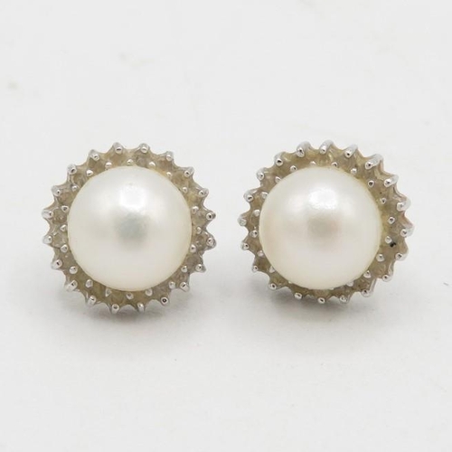 82 - 14ct gold cultured pearl & diamond halo stud earrings (2.3g)