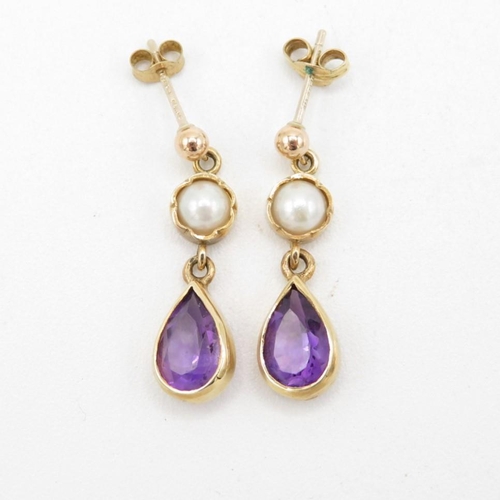 95 - 9ct gold amethyst & pearl drop earrings (3g)