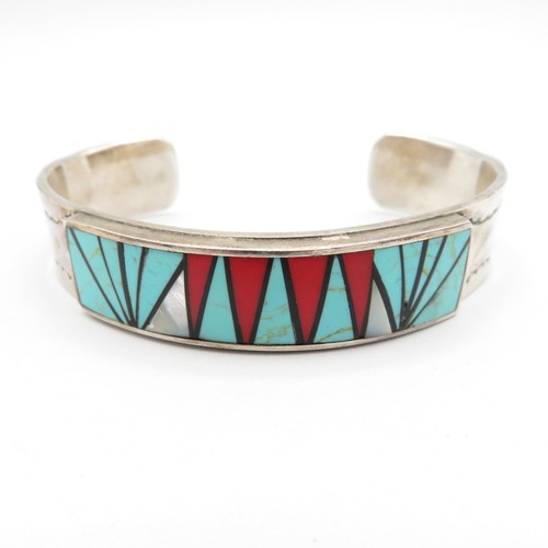 204 - Sterling silver native American gemstone inlay torque bracelet (44g)