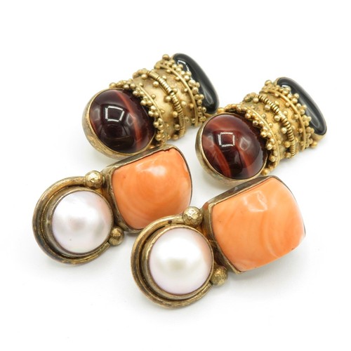 217 - Signed sterling silver EC gemstone gold tone clip on earrings including coral (72g)