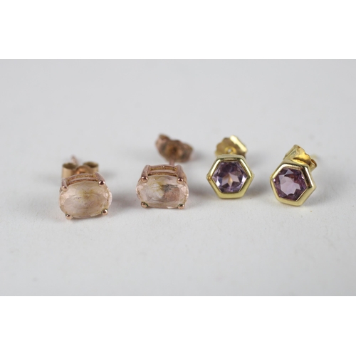2x 9ct gold morganite & amethyst stud earrings (1.6g)