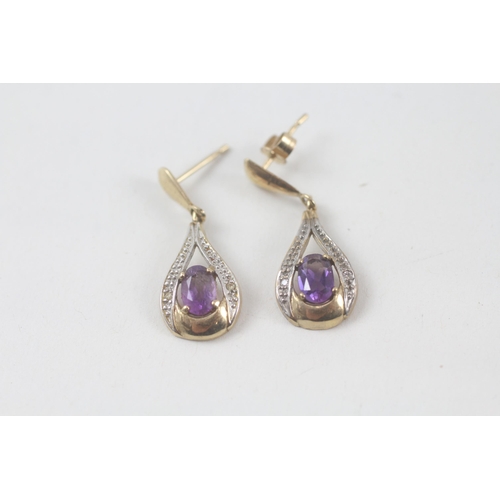 110 - 2x 9ct gold amethyst & diamond earrings (3.7g)