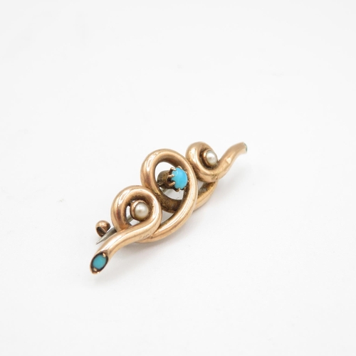 114 - Antique Rose Gold Lovers Knot Bar Brooch with Pearl & Turquoise in Original Box from Aspreys (2.8g)