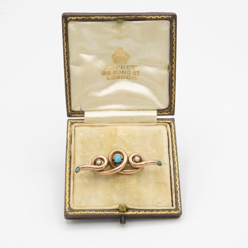 114 - Antique Rose Gold Lovers Knot Bar Brooch with Pearl & Turquoise in Original Box from Aspreys (2.8g)