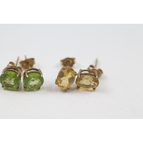 131 - 3 x 9ct gold gemstone set stud earrings inc. citrine, amethyst & peridot (4.6g)