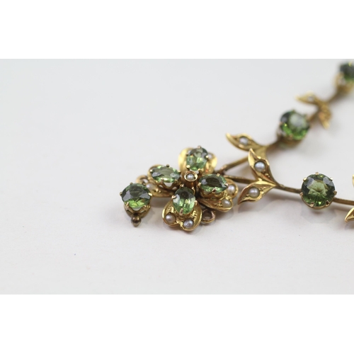 191 - 9ct gold green gemstone & seed pearl necklace (4.6g)