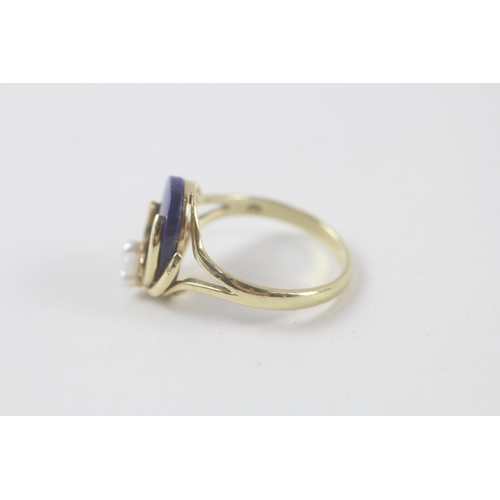 200 - 9ct gold diamond, lapis & pearl dress ring (3.6g) Size  O