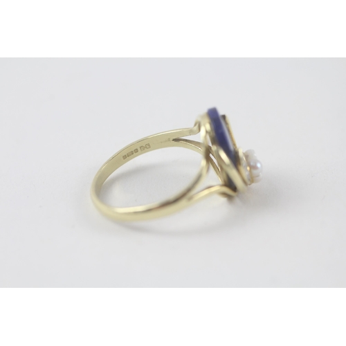 200 - 9ct gold diamond, lapis & pearl dress ring (3.6g) Size  O