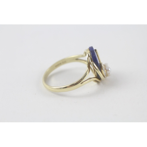 200 - 9ct gold diamond, lapis & pearl dress ring (3.6g) Size  O