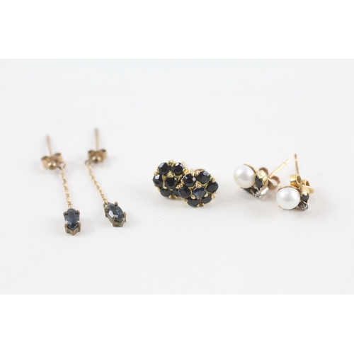 63 - 3 x 9ct gold diamond, sapphire & cultured pearl earrings (3.8g)