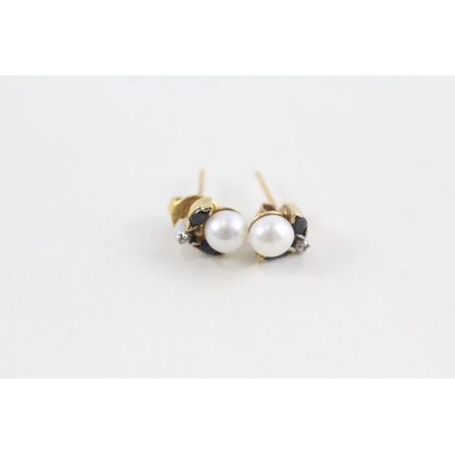 63 - 3 x 9ct gold diamond, sapphire & cultured pearl earrings (3.8g)