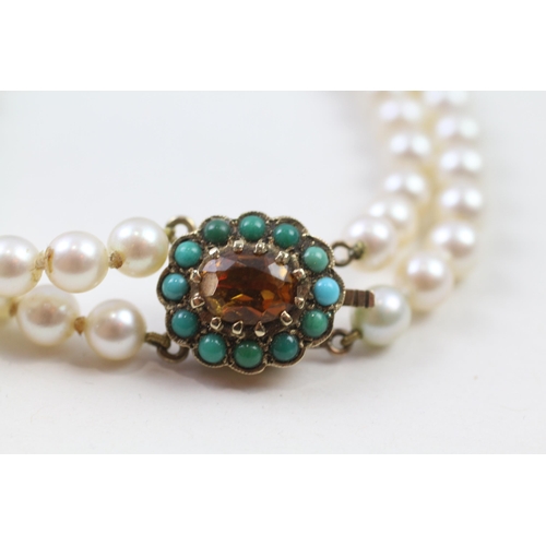 70 - 9ct gold two row cultured pearl necklace with a citrine & turquoise clasp (45.3g)