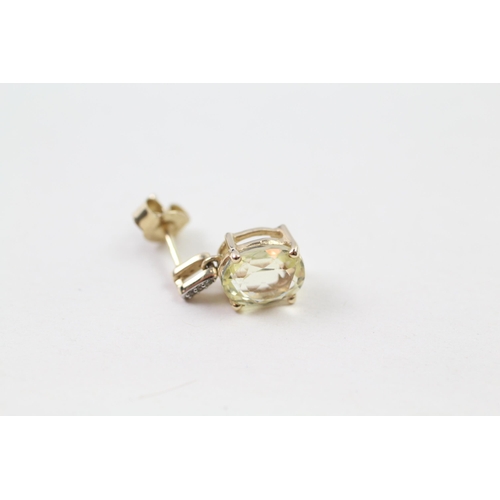 80 - 9ct gold yellow spodumene & white gemstone drop earrings (2.8g)