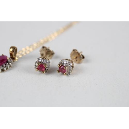 81 - 2x 9ct gold ruby & diamond cluster necklace & earring set (2.5g)