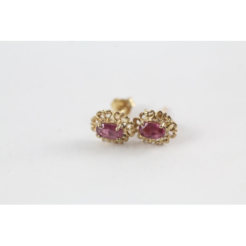 90 - 3 x 9ct gold diamond, sapphire & ruby stud earrings (3g)