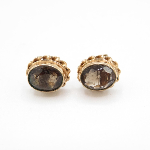 91 - 3 x 9ct gold smoky quartz & citrine stud earrings (5.8g)