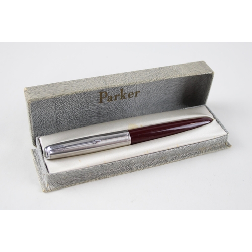 413 - Vintage PARKER 51 Burgundy Fountain Pen w/ 14 Gold Nib WRITING Boxed