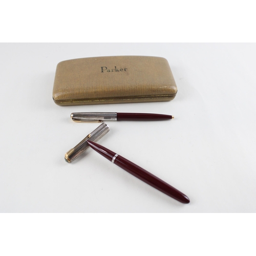 415 - Vintage PARKER 51 Burgundy Fountain Pen w/ Rolled Silver Cap, Ballpoint, Box Etc