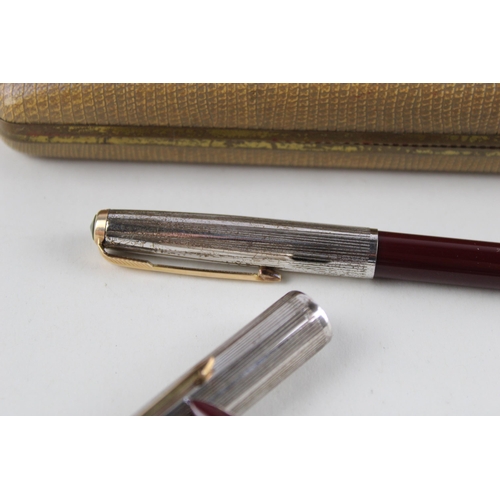 415 - Vintage PARKER 51 Burgundy Fountain Pen w/ Rolled Silver Cap, Ballpoint, Box Etc