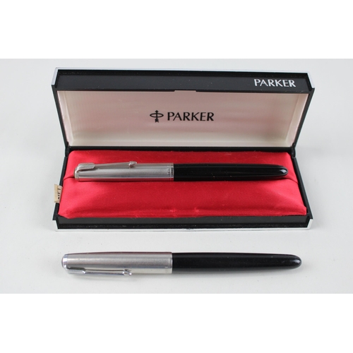 419 - 2 x Vintage PARKER 51 Fountain Pens w/ 14ct Gold Nibs WRITING Inc Black, Boxed