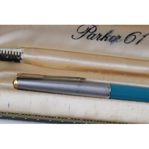 421 - 2 x Vintage PARKER 61 Fountain Pens w/ 14ct Gold Nibs WRITING Boxed