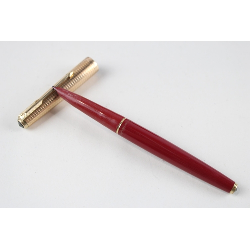 427 - Vintage PARKER 61 Red Fountain Pen w/ 14 Gold Nib, Gold Plate Cap WRITING Boxed