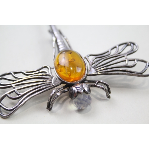 214 - Silver dragonfly brooch set with Amber (22g)