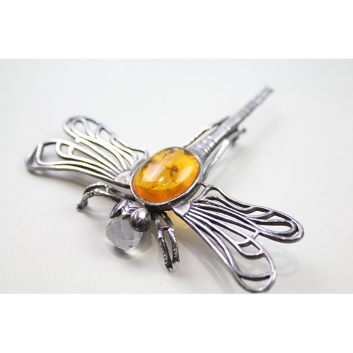 214 - Silver dragonfly brooch set with Amber (22g)