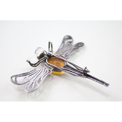 214 - Silver dragonfly brooch set with Amber (22g)