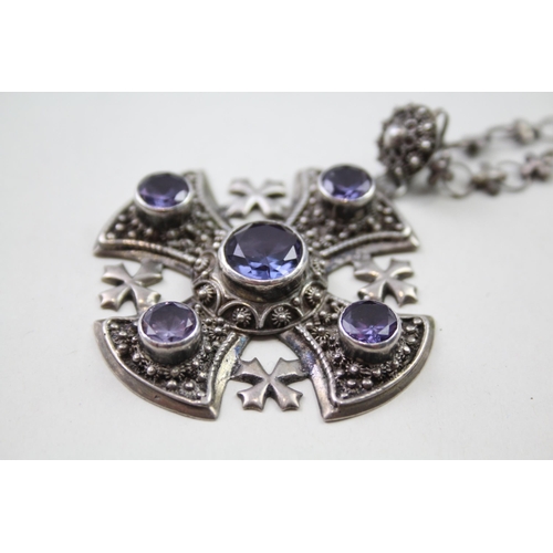 221 - Silver cross necklace set with synthetic colour change Sapphires (47g)